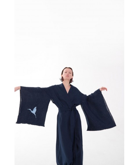 Сукня-кімоно з льону в японському стилі з вишивкою. Колекція "Птахи України" L. Колір "Чумацький шлях"