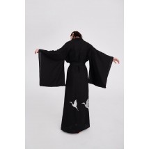 Сукня-кімоно з льону в японському стилі з вишивкою. Колекція "Птахи України". Колір "Вугілля"