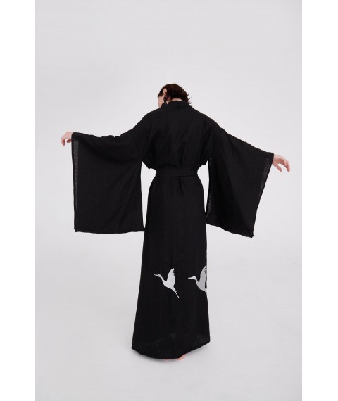 Сукня-кімоно з льону в японському стилі з вишивкою. Колекція "Птахи України" XXL. Колір "Вугілля"