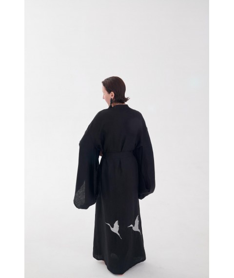Сукня-кімоно з льону в японському стилі з вишивкою. Колекція "Птахи України" L. Колір "Вугілля"
