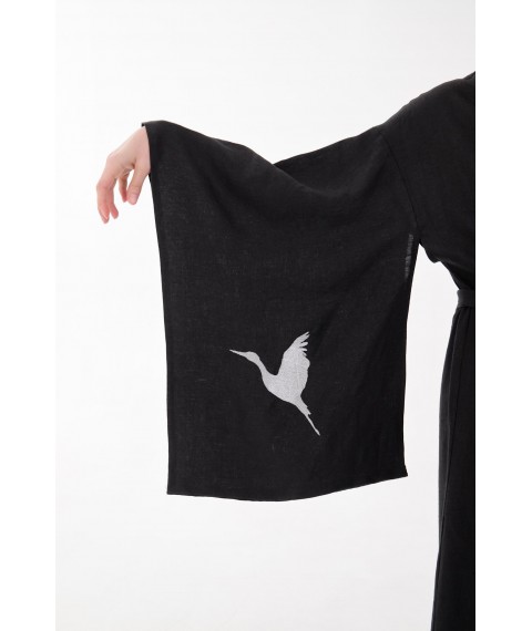 Сукня-кімоно з льону в японському стилі з вишивкою. Колекція "Птахи України" XXL. Колір "Вугілля"