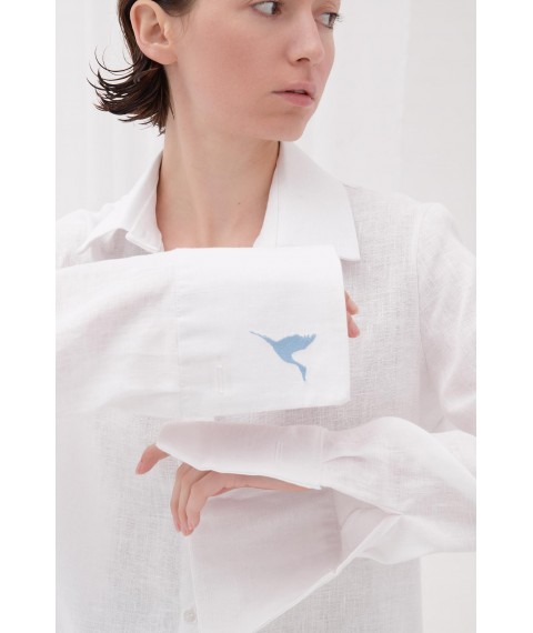 Сорочка оверсайз зі збільшеною манжетою та декоративною вишивкою "Лелека" XL. Колекція "Птахи України"