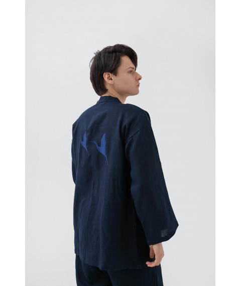 Костюм-кімоно зі штанами вільного фасону з льону з вишивкою "Лелеки" унісекс XL. Колір "Чумацький шлях"