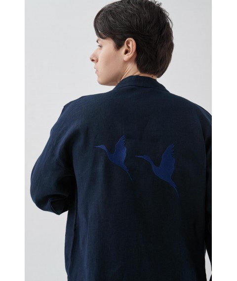 Костюм-кімоно зі штанами вільного фасону з льону з вишивкою "Лелеки" унісекс XL. Колір "Чумацький шлях"