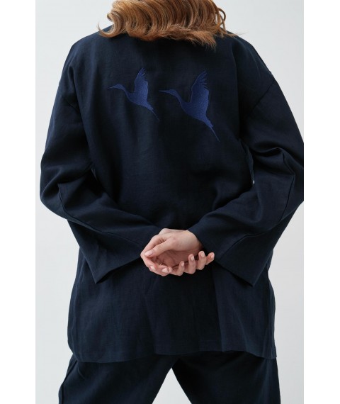 Костюм-кімоно зі штанами вільного фасону з льону з вишивкою "Лелеки" унісекс XXL. Колір "Чумацький шлях"