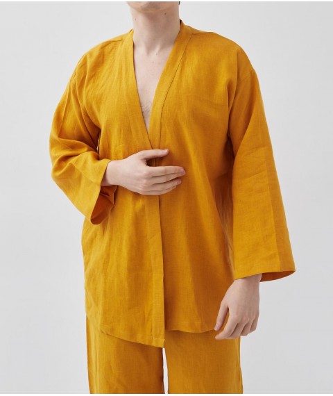 Костюм-кімоно зі штанами вільного фасону з льону з вишивкою "Лелеки" унісекс XL. Колір "Шафран"