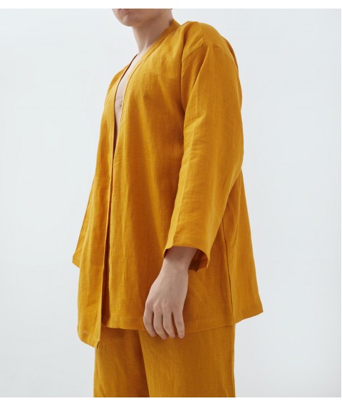 Костюм-кімоно зі штанами вільного фасону з льону з вишивкою "Лелеки" унісекс XL. Колір "Шафран"