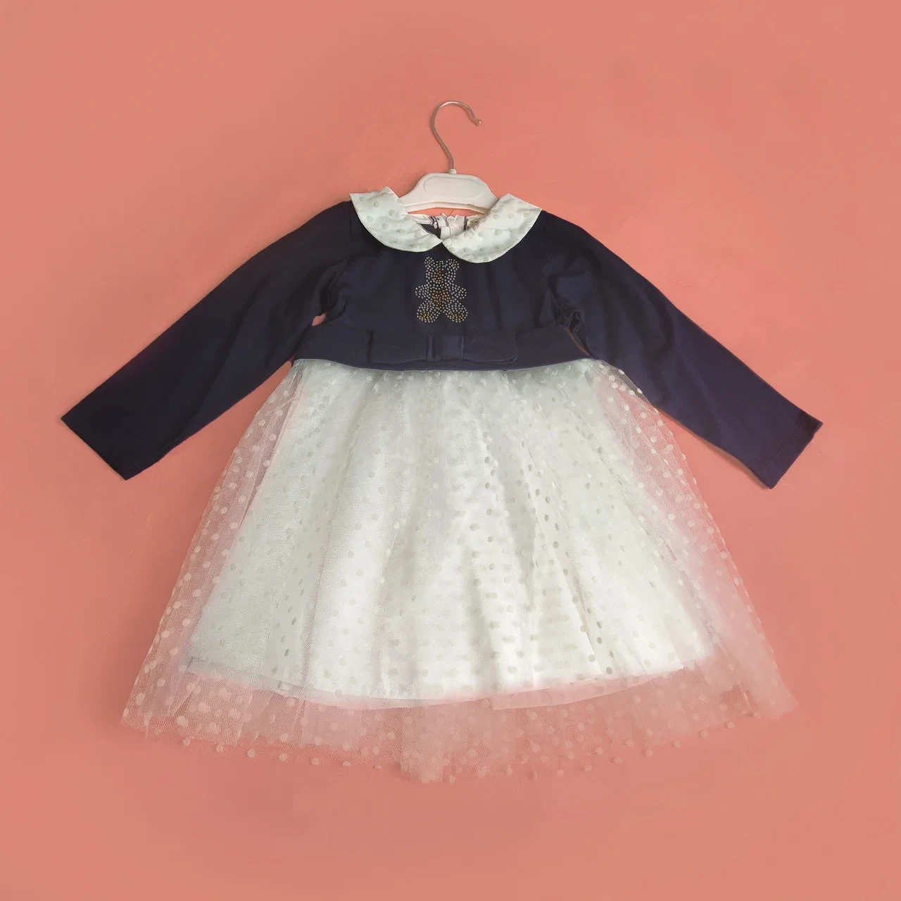 Dress with long sleeves for girls, blue and white